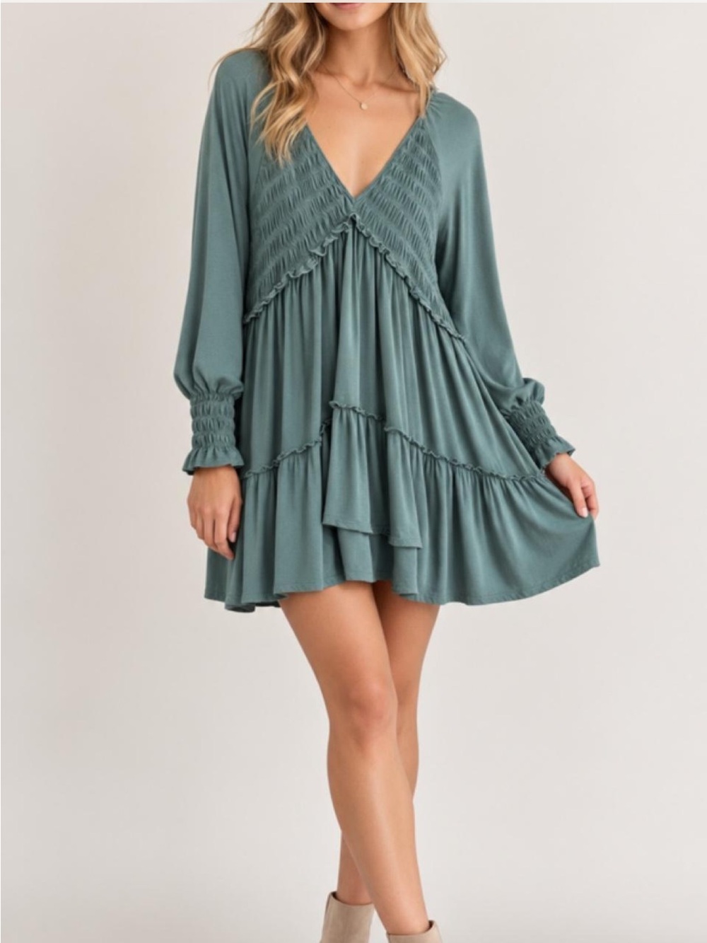 DAVI & DANI Sage Green V-Neck Smocked Tiered Mini Dress